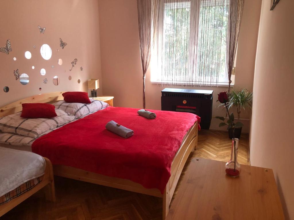 考波什堡Arany Apartman Kaposvár的一间卧室配有两张床和红色毯子