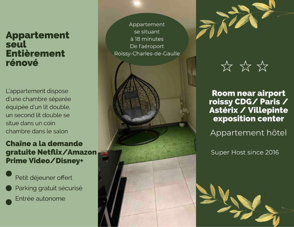 古桑维尔Appartement cosy proche Roissy CDG Astérix DisneyLand Paris的一张传单,用于在房间内用椅子举办活动