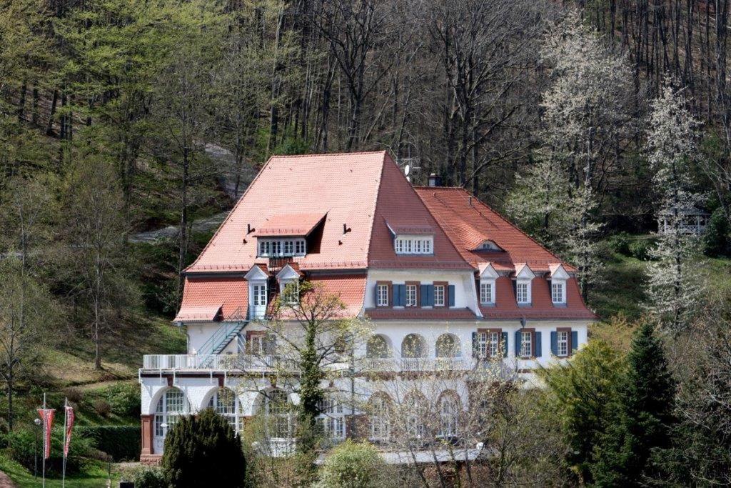 特里费尔斯山麓安韦勒Jugendstilhotel Trifels的山丘上一座带红色屋顶的大房子