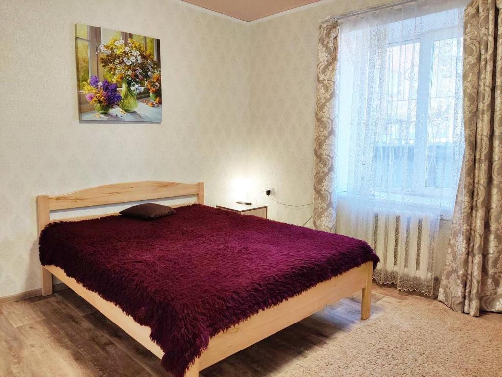 克洛佩夫尼茨基Shevchenko dvor的一间卧室设有紫色的床和窗户