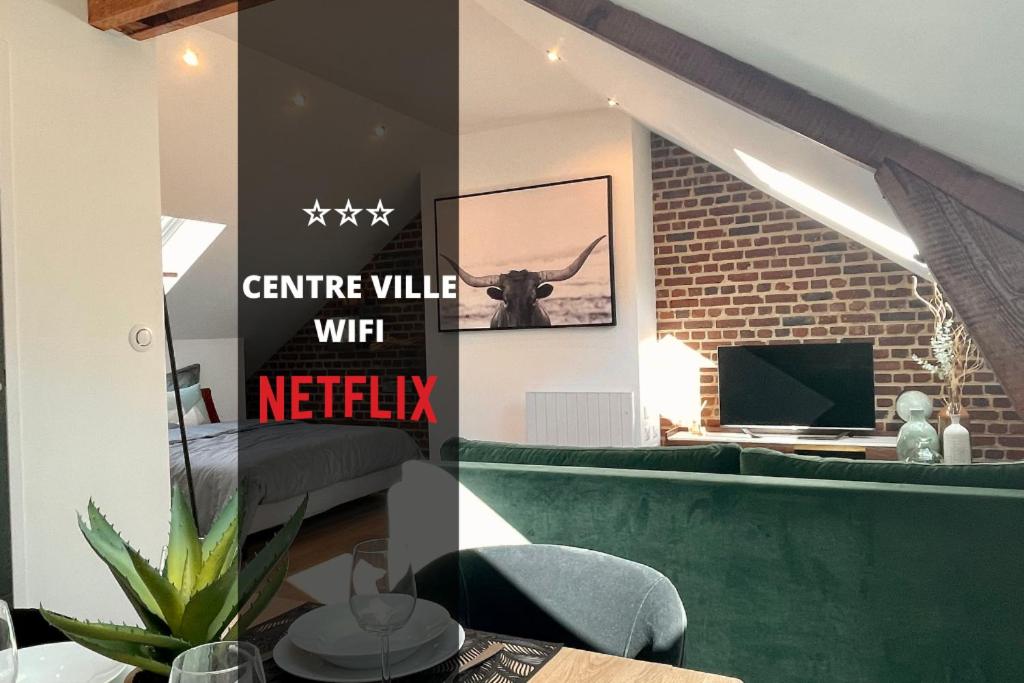 亚眠DOWNTOWN LOFT - CENTRE VILLE - WiFi - NETFLIX的客厅配有绿色沙发和电视