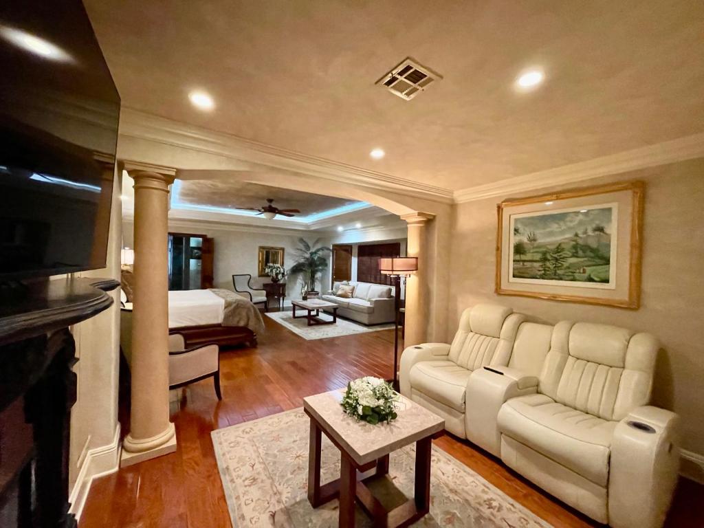 YoungsvilleLouisiana Cajun Mansion的带沙发、床和电视的客厅