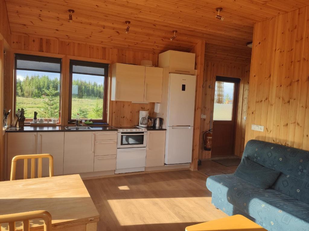 塞尔福斯Bright and Peaceful Cabin with Views & Hot Tub的一间厨房,配有白色家电和一张蓝色沙发