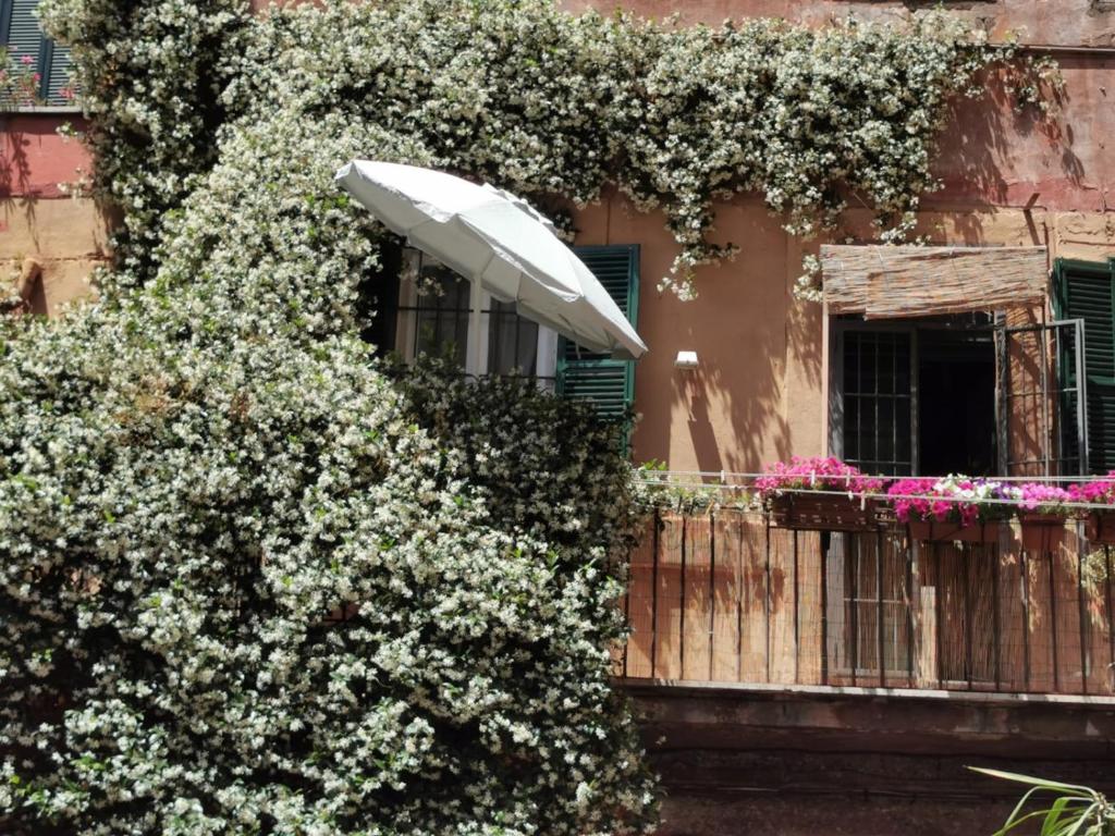 罗马Apartments Campo de Fiori的一座带遮阳伞和鲜花的阳台建筑