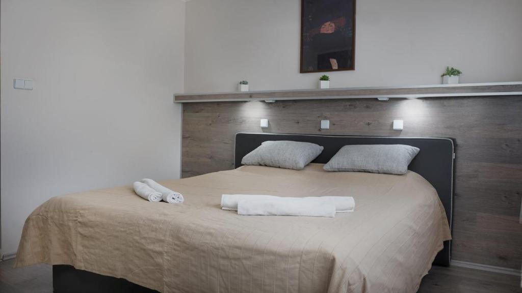 塞格德Teke Bowling Centrum és Sport Panzió的一间卧室配有一张床,上面有两条毛巾