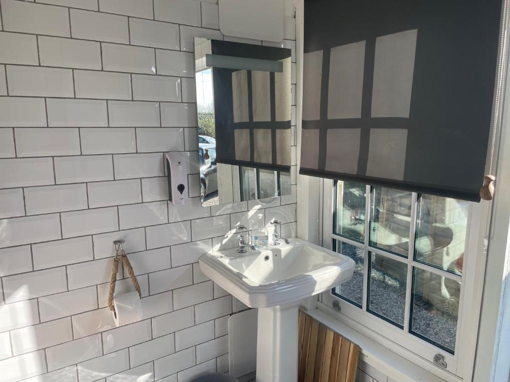 Newlyn EastPenhallow House Glamping Retreat的白色的浴室设有水槽和镜子