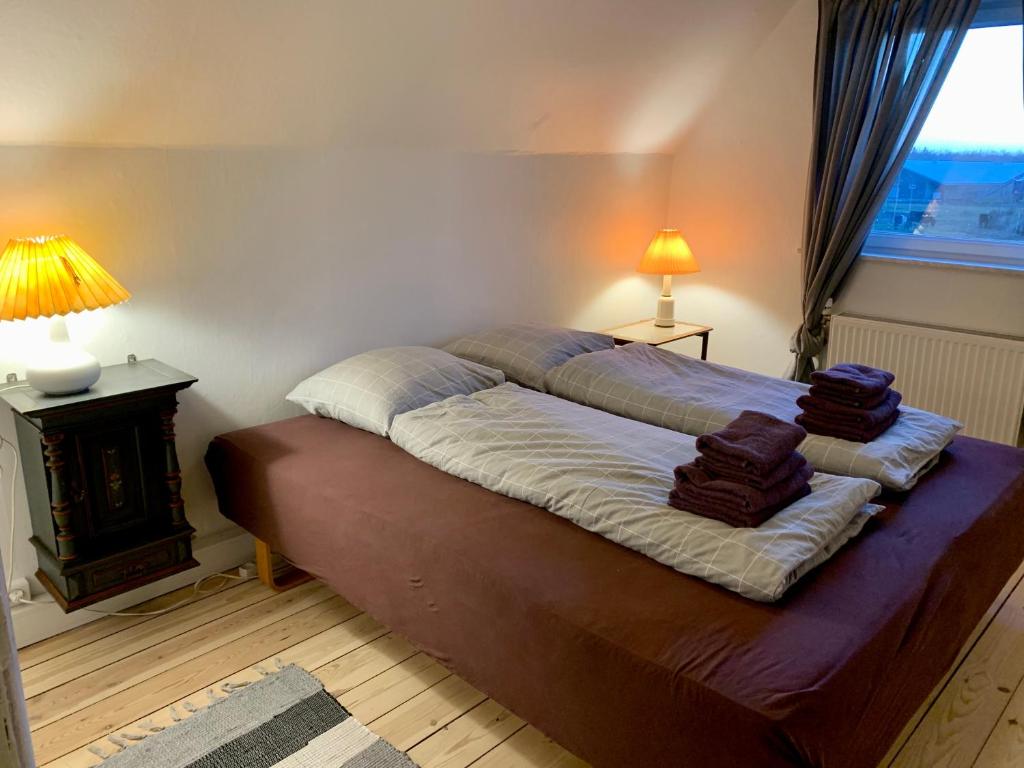 斯凯拜克Jægergård的一间卧室配有一张大床和两个枕头