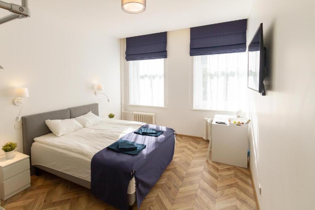 维尔纽斯HOT SPOT Vilnius Apartments!的一间卧室设有一张床和两个窗户。