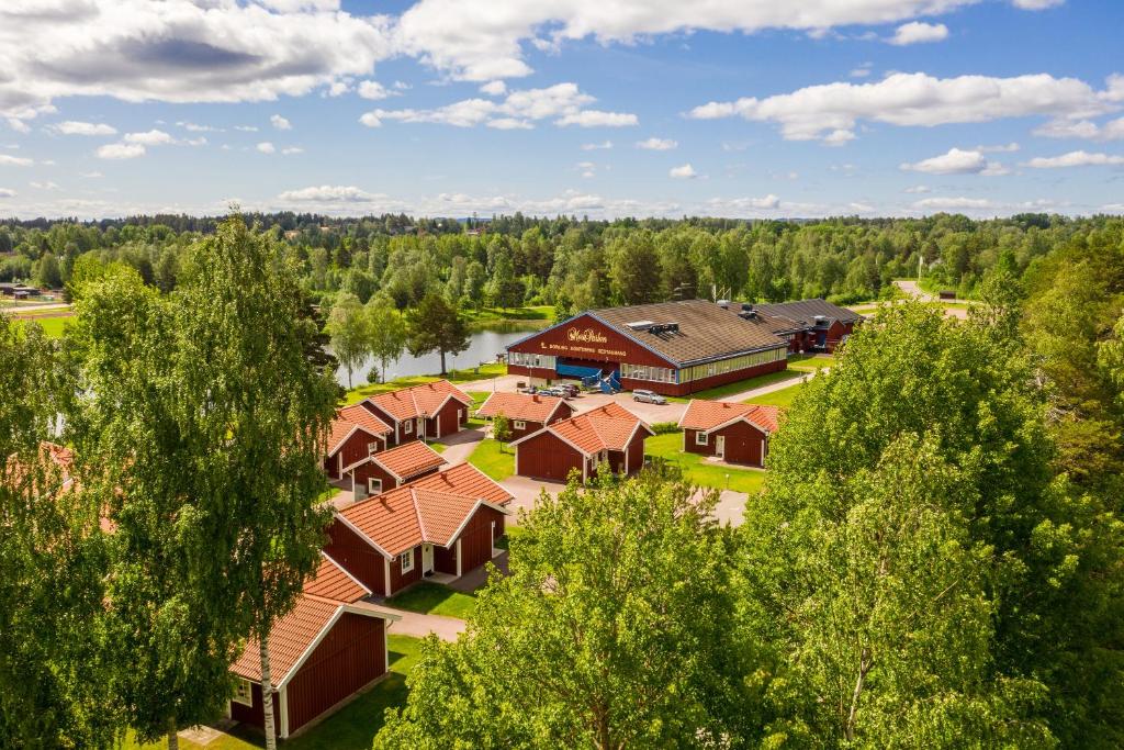 莫拉First Camp Moraparken - Dalarna的树丛一览无余的房屋