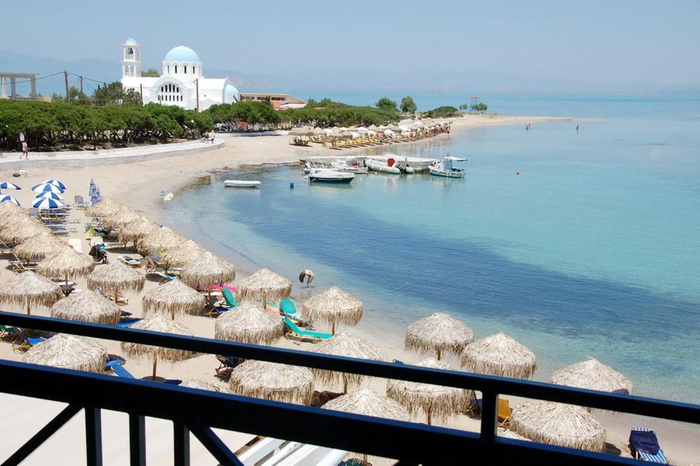 斯卡拉亚历山德拉酒店的海滩上有许多草伞和海洋