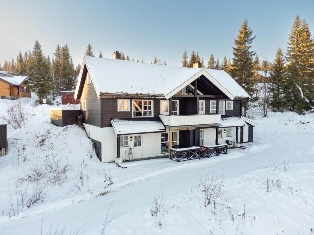 特吕西尔Nice apartment with Sauna and ski in out Trysil的雪中的房子,有雪覆盖的树木