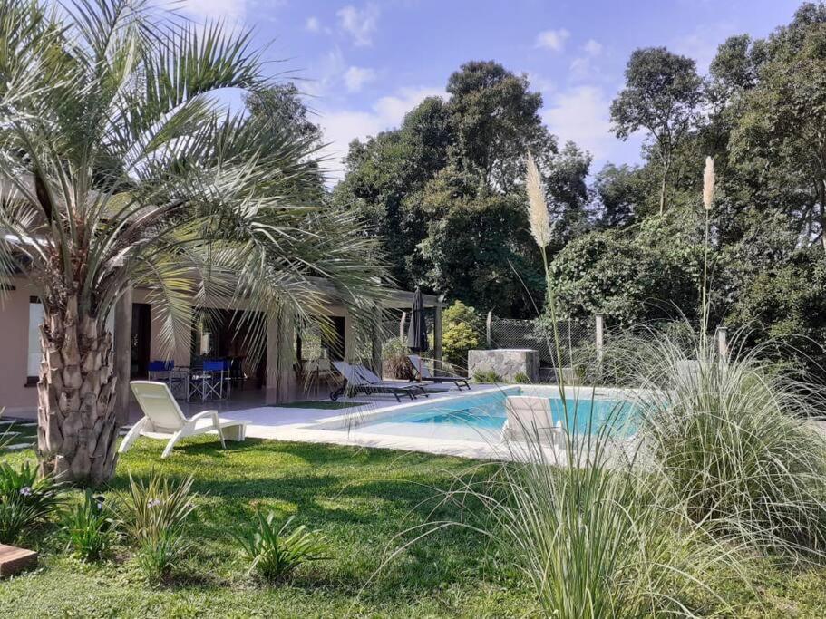 圣萨尔瓦多德朱Hermosa casa con pileta asador patio de fuego的棕榈树庭院中的游泳池