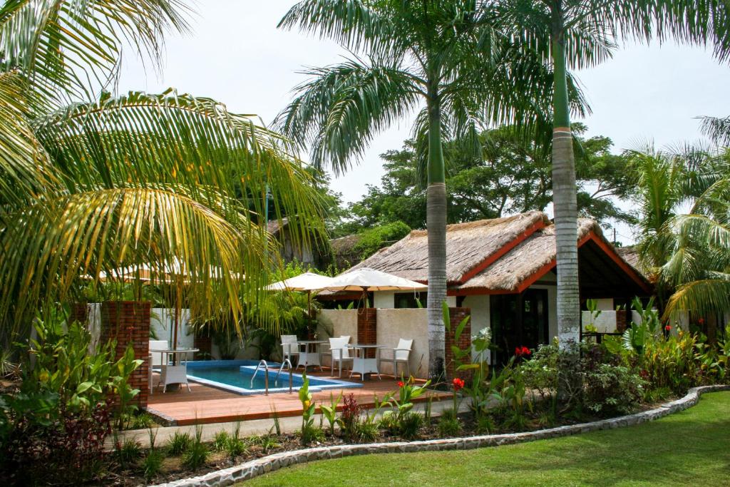 塞隆贝拉纳克Burudika Bungalows的一座带游泳池和棕榈树的房子