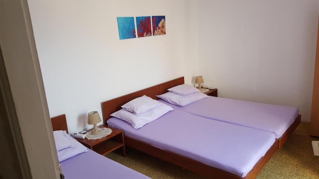 洛帕德Rooms Milena的配有紫色床单的小客房内的两张床