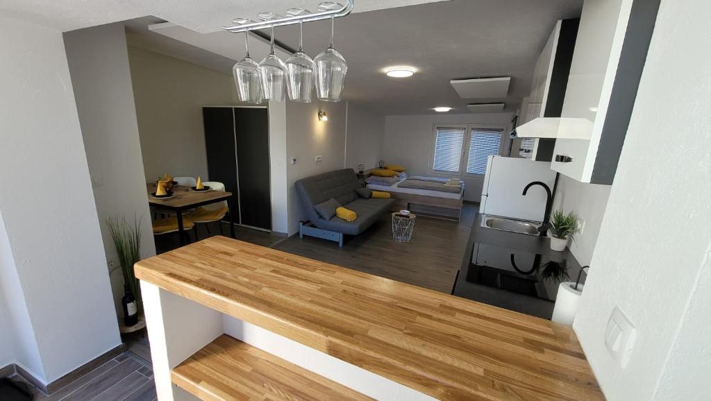 克拉尼斯卡戈拉Apartma Studio Jana的厨房以及带沙发和桌子的客厅。