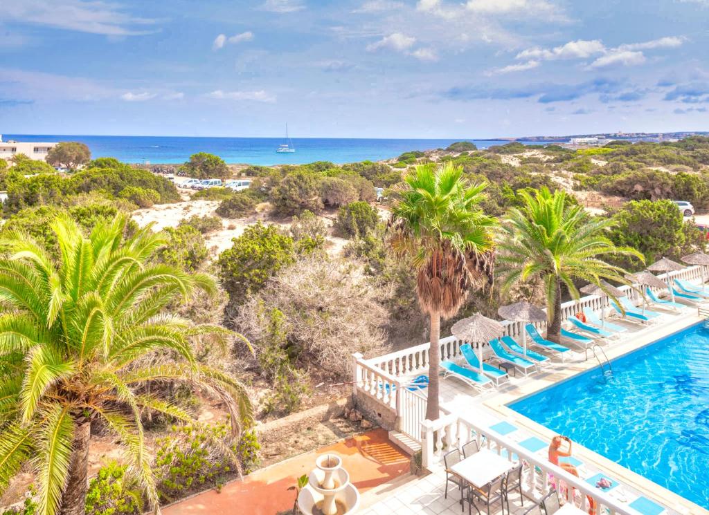 埃斯普霍斯Roquetes Rooms - Formentera Break的享有度假村的空中景致,设有游泳池和棕榈树