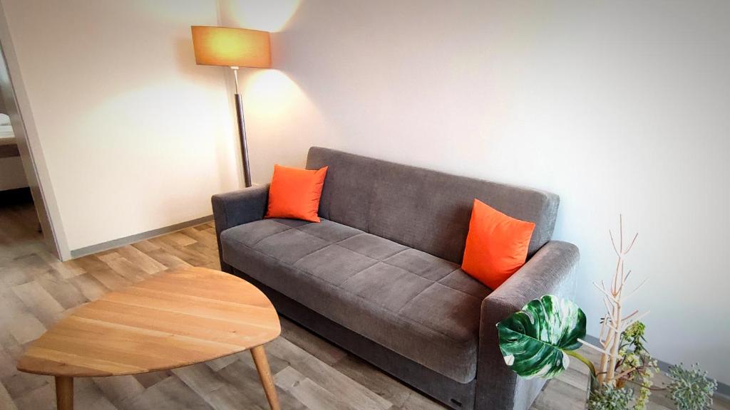普劳恩Ferienwohnung am Birkenwäldchen的客厅配有带橙色枕头的灰色沙发