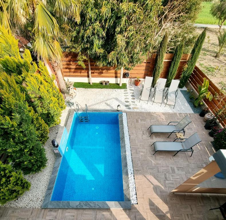 帕福斯Shanti Paphos Villa的花园游泳池的顶部景色