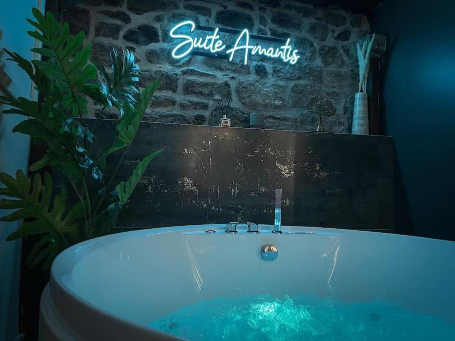 圣沙蒙SUITE AMANTIS évadez vous dans l'univers MYKONOS的浴室设有浴缸,带有阅读冲浪分析的标志