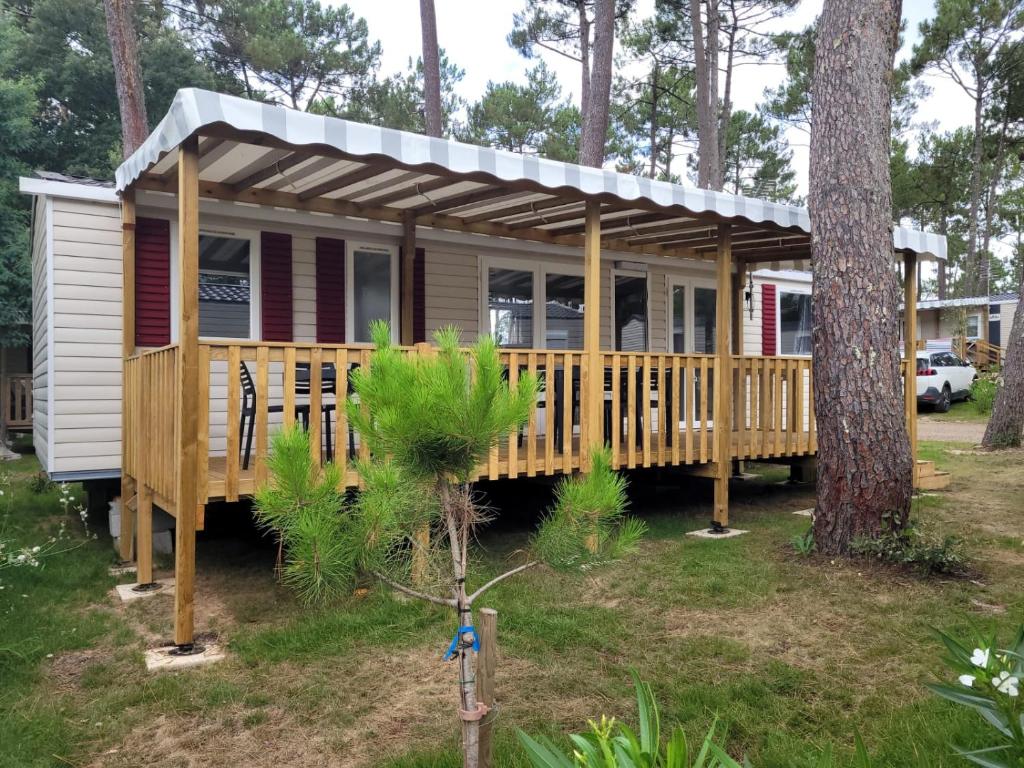 波讷地区圣朱利安mobil home - camping les dunes de Contis的木板上的小屋