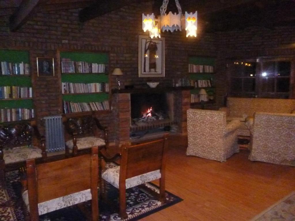 拉库布蕾Hosteria Pastoral & Spa的客厅设有壁炉和书架