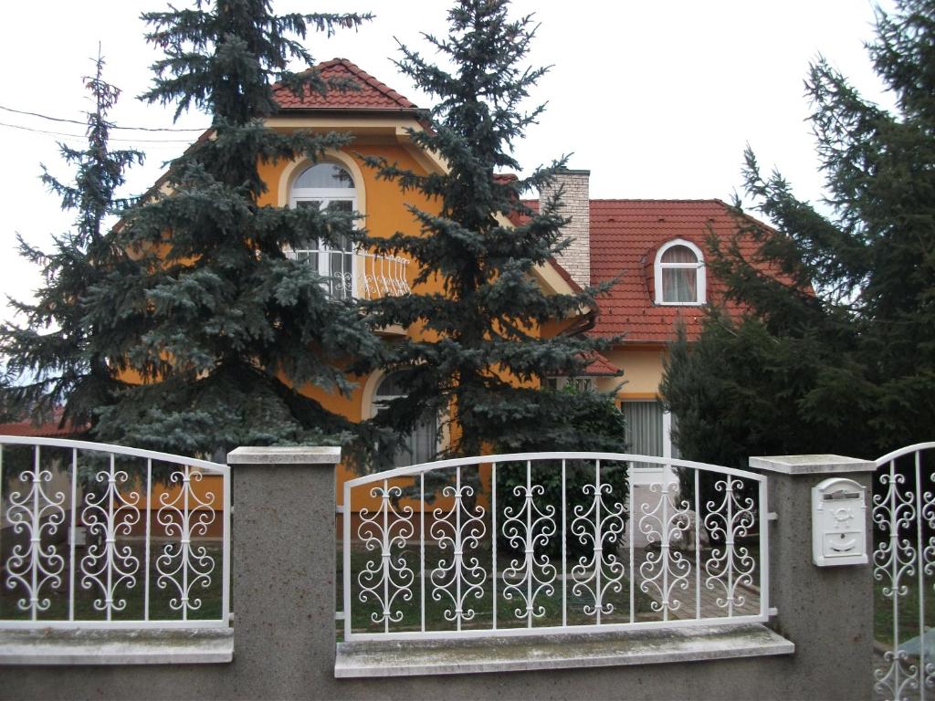 GyőrújbarátJóbor Vendégház的 ⁇ 后有圣诞树的房子