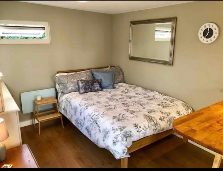 伦敦Unique wooden lodge with a view!的一间卧室配有一张带镜子和桌子的床