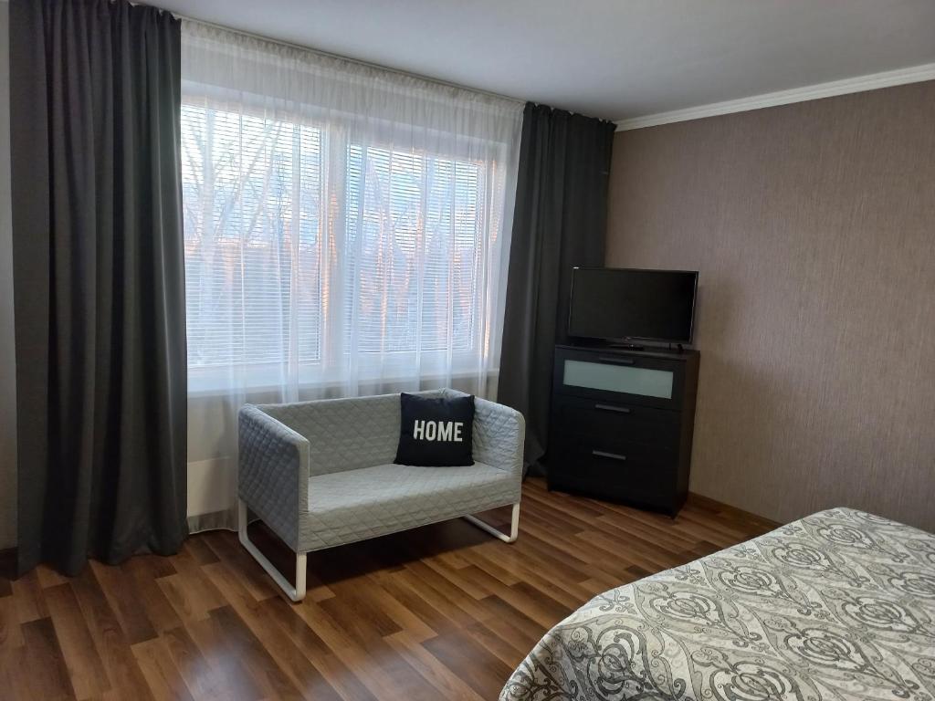 陶格夫匹尔斯Vienibas apartment的酒店客房配有一张床、一把椅子和一台电视。