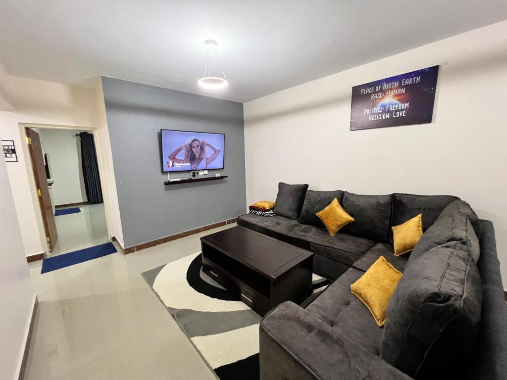 埃尔多雷特Champions Chill Suite的客厅配有黑色沙发和平面电视。