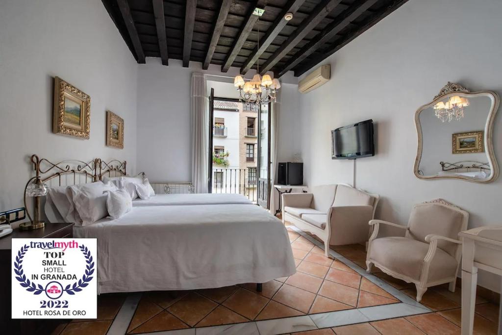 格拉纳达Hotel Rosa De oro的一间卧室配有一张床、两把椅子和一台电视