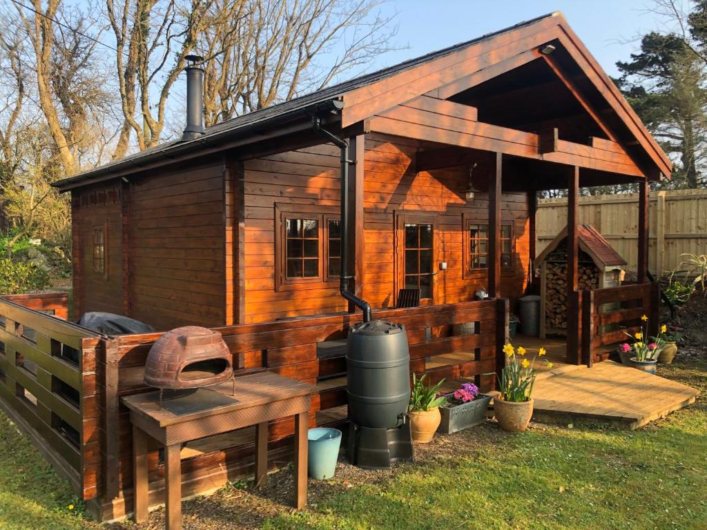 滕比The Chalet @ Giltar Grove Country House的一座带烧烤架的小木屋
