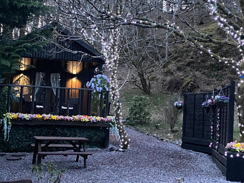 威廉堡Bluebell lodge的花园设有长凳和带灯的围栏