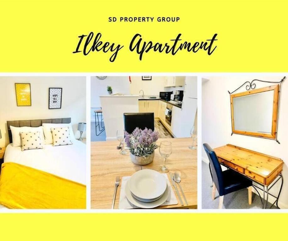 伊尔克利Ilkley Apartment with Parking的卧室和厨房图片的拼合