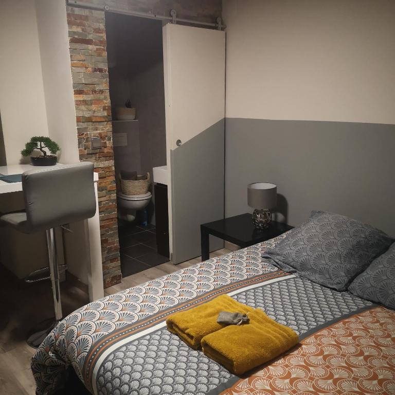 普罗旺斯艾克斯studio hypercentre courteissade的一间卧室配有一张黄色毯子床