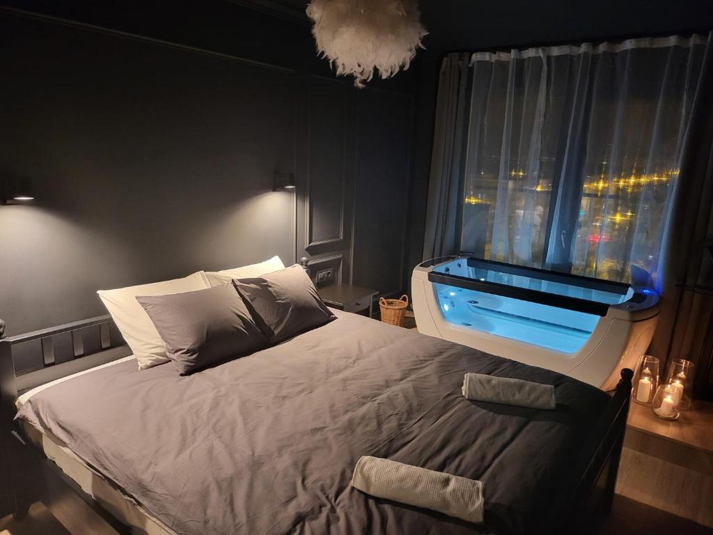 奥拉迪亚SPAre-Time - Exclusive and Unique Apartment! 18+的一间卧室设有一张大床和一个窗户。