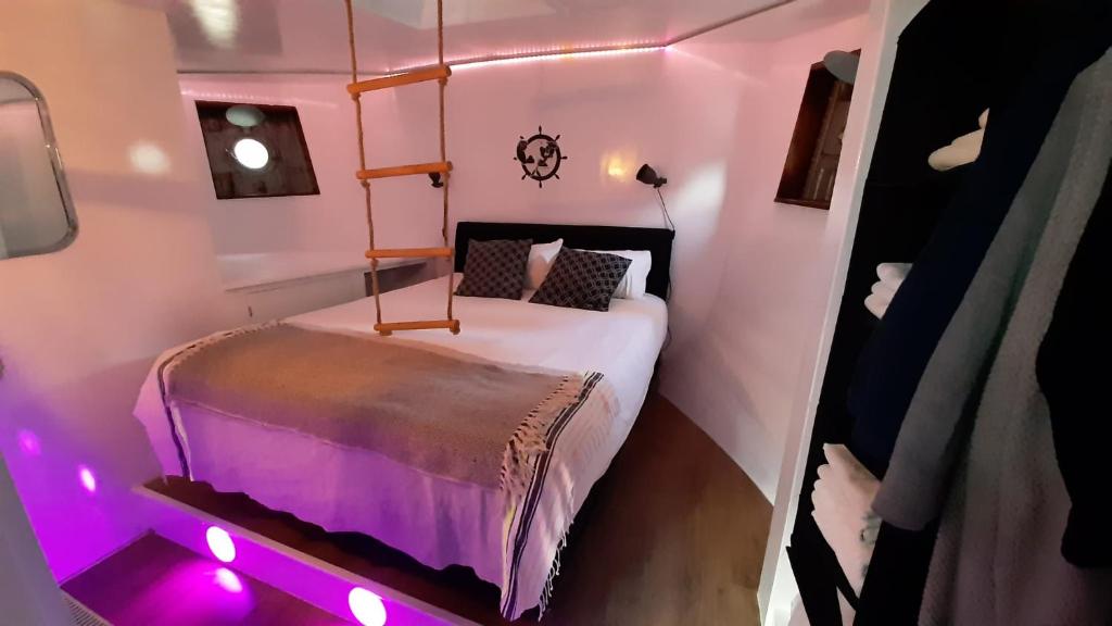 鹿特丹De Coaster的小房间,配有一张紫色灯床