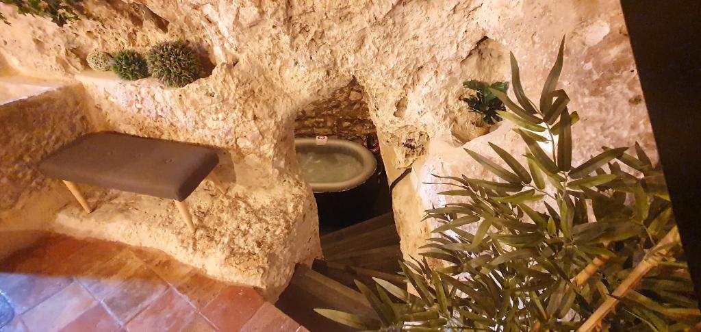 昆卡La Cueva de Casa Botes的石头浴室,带有小便和植物