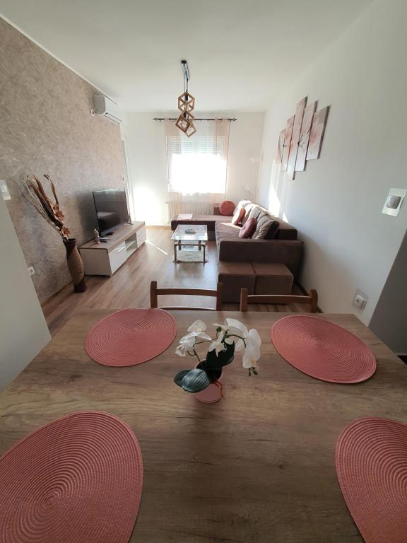 巴尼亚科维利亚查Apartman Banija的一间客厅,地板上设有红色圆圈