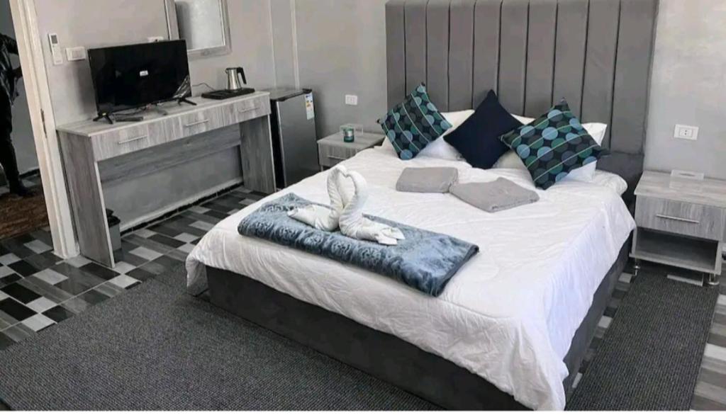 瓦迪穆萨Petra Pillars Hostel的卧室配有一张大白色床和电视。