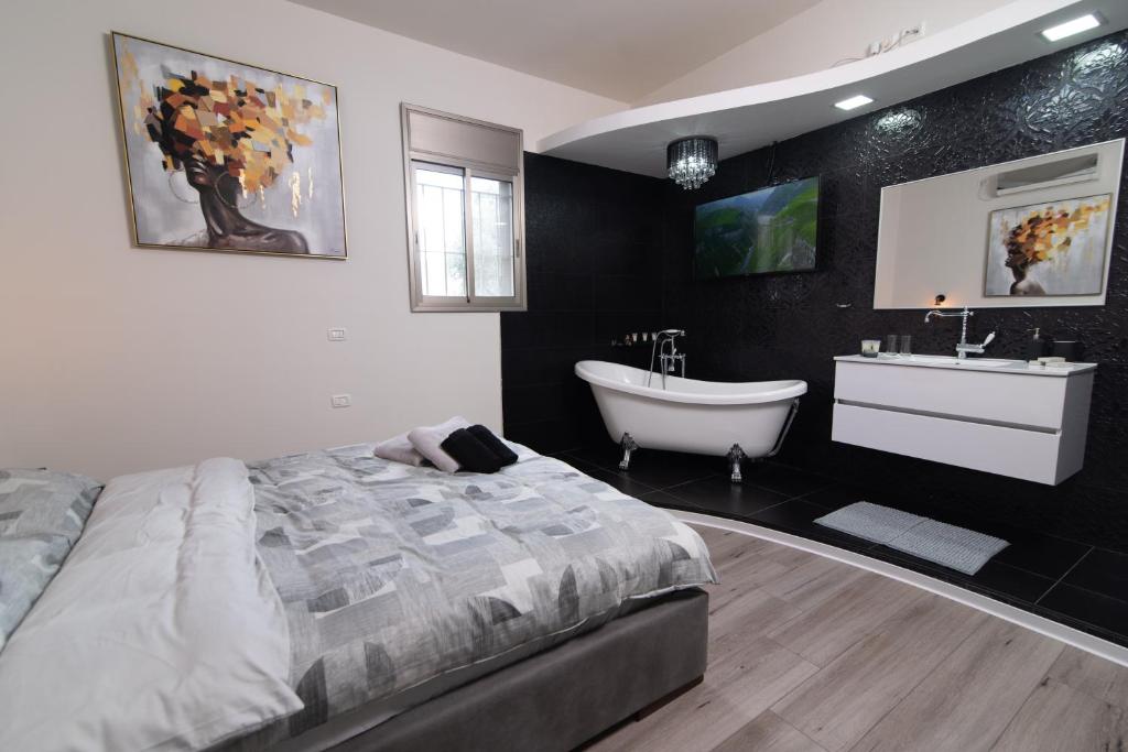 海法Luxury Room Bahai's Garden的一间卧室配有一张床、一个浴缸和一个水槽