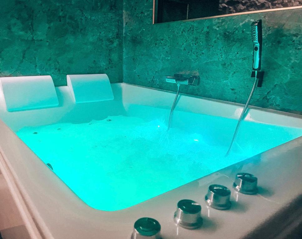 第戎Les Jardins Secrets - Gare & Centre by Apparts Spa Dijon的浴室设有装满蓝色水的浴缸。