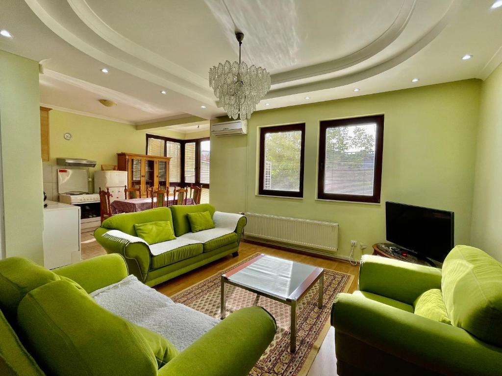普里什蒂纳Huge Apartment with a Garden in the City Center的客厅配有绿色家具和吊灯。