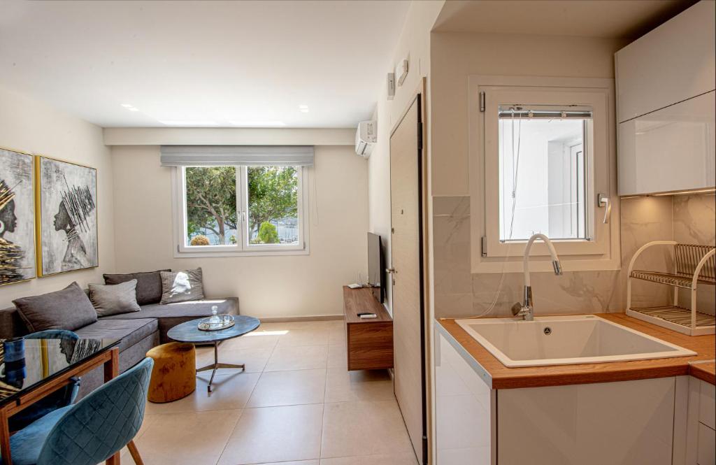 阿基欧斯尼古拉斯Luxury Apartment Marine View的厨房以及带沙发和水槽的起居室。