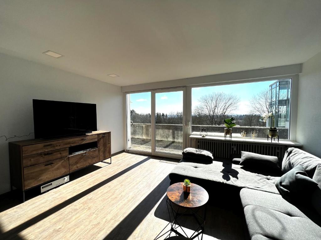 乌尔姆SPA-Apartment mit Sauna in Ulm-Böfingen的带沙发和大窗户的客厅