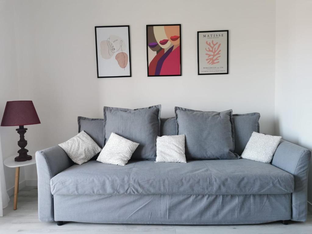 巴里Dimora Nalu的客厅里一张蓝色的沙发,墙上挂着照片