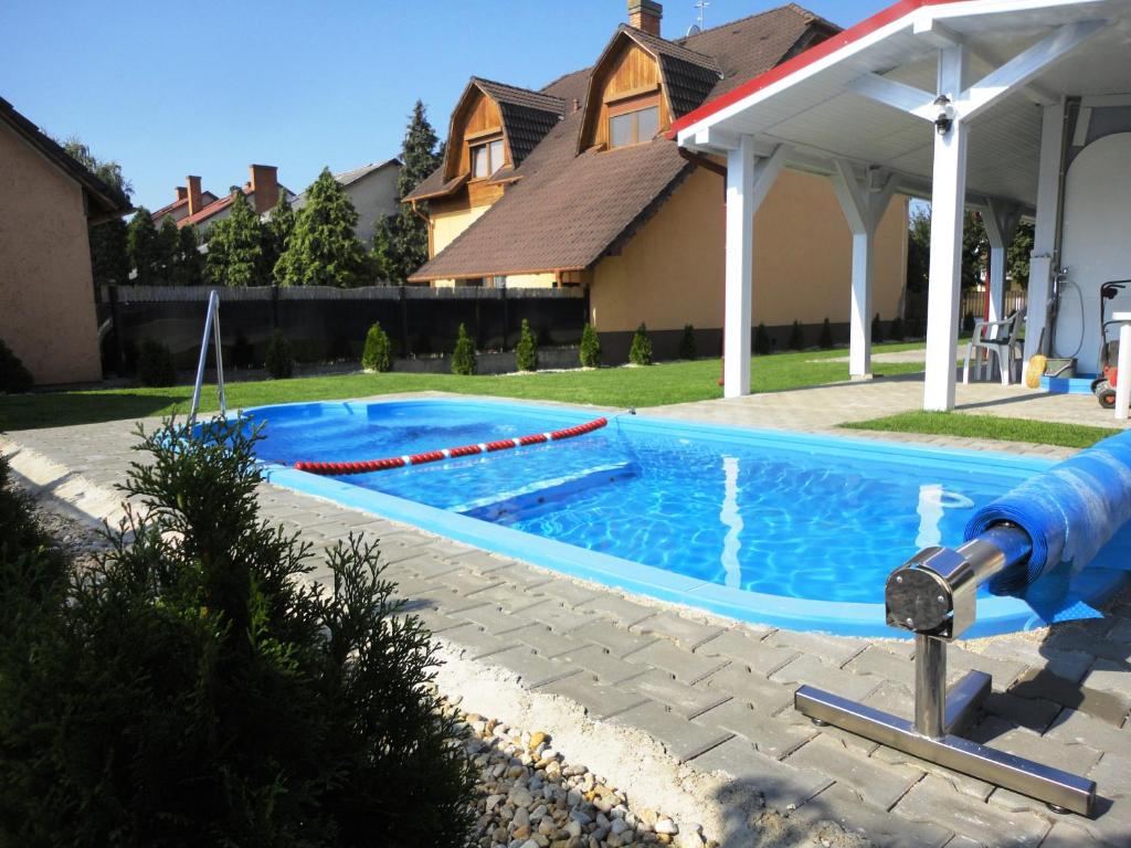 豪伊杜索博斯洛Villa Ani Hajduszoboszlo的庭院内带水滑梯的游泳池