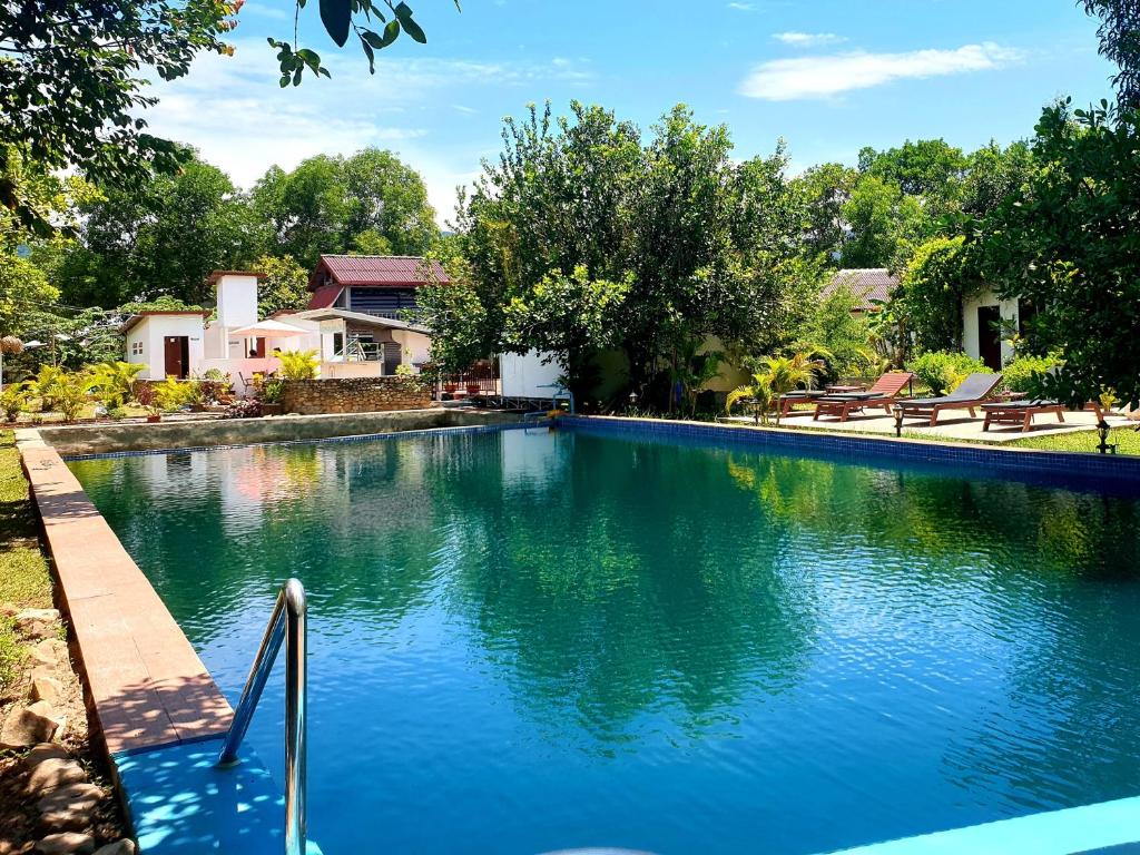 贡布Bohemiaz Resort and Spa Kampot的房屋前的游泳池