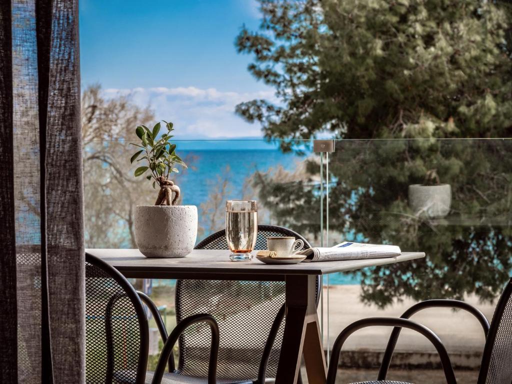 扎金索斯镇Point Ephemere Beachfront Apartments的阳台上的桌子上放着一杯葡萄酒和植物
