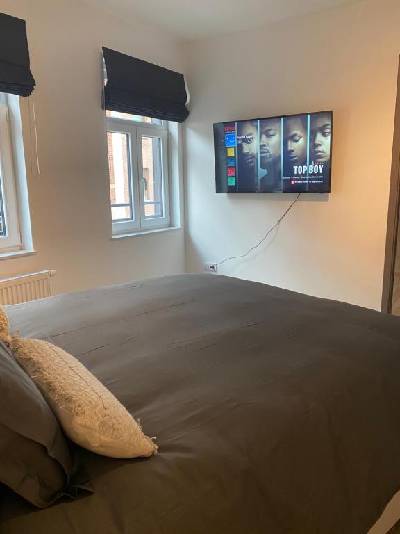 斯帕New appartement centre de Spa avec parking privé的卧室配有一张床铺,墙上配有电视
