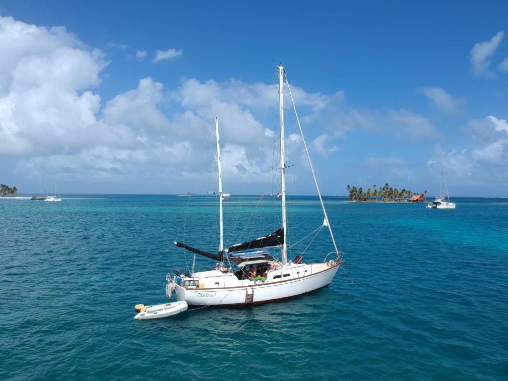Playón ChicoSplendid San Blas - All Inclusive的一艘白色帆船坐在海洋中